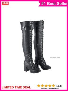 Faux Leather Over the Knee Thigh High Chunky Heel Lace Up Biker Boots